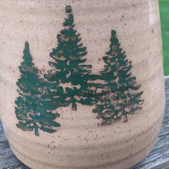 2002 Zanesville Ohio Pottery Stoneware Ruffled Rustic vase  spongeware trees 6" - Picture 10 of 10